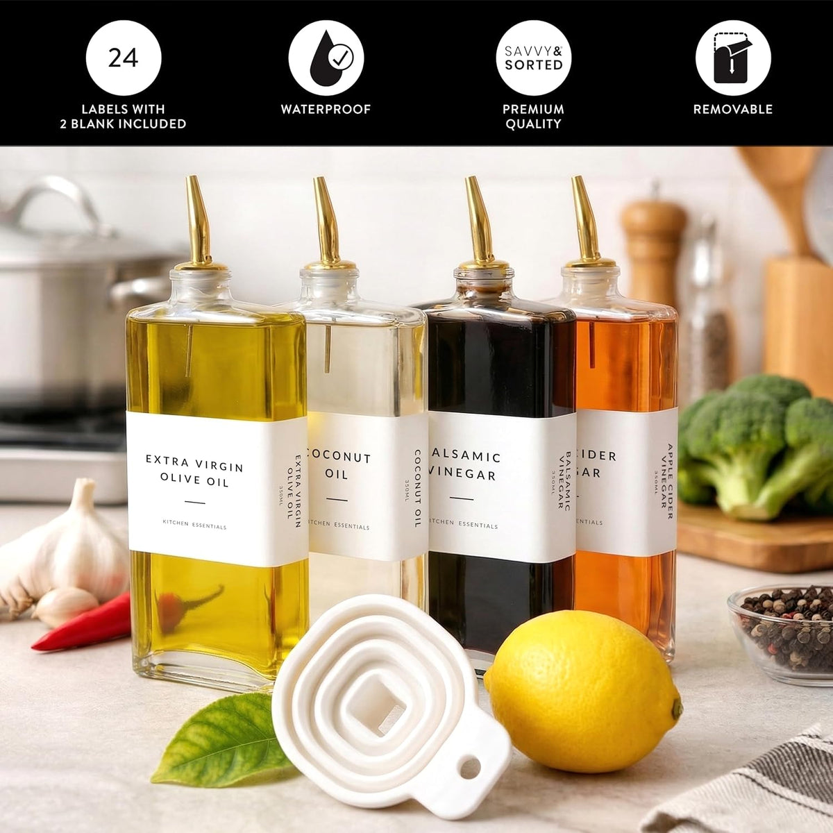 SAVVY & SORTED Glass Olive Oil Dispenser Bottle Set for Kitchen, 2PK Oil and Vinegar Dispenser Set with Gold Pourers and Labels, Cooking Oil Bottles for Kitchen Counter Decor, Set of 2