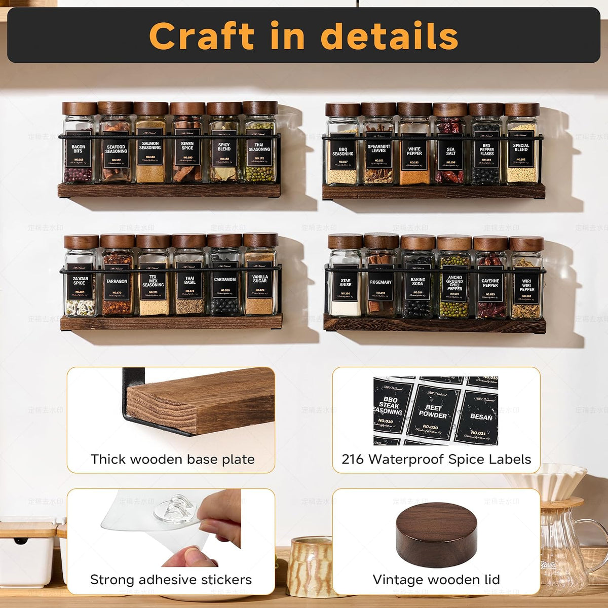 4-Tier Wall Mount Spice Rack Organizer with 24 Glass Jars, 216 Labels & Funnel - Screw/Adhesive Mount, Black Metal & Wood Spice Storage for Kitchen Pantry Cabinet, 11.6”L x 2.4”W x 3.2”H