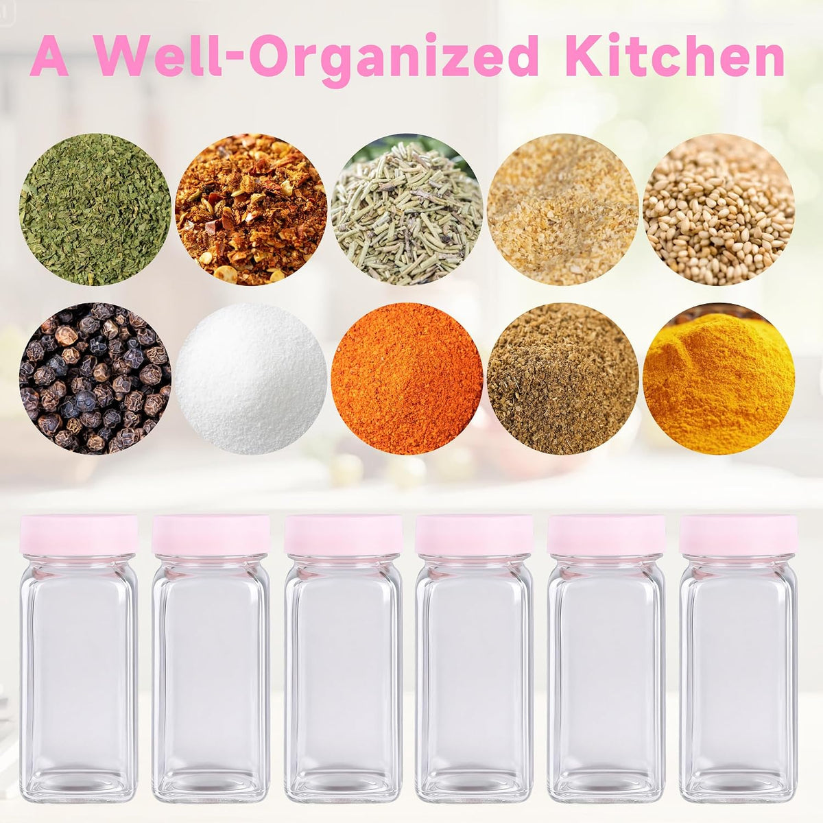 6 Pcs Glass Spice Jars with Label, 4oz Pink Airtight Seasoning Containers