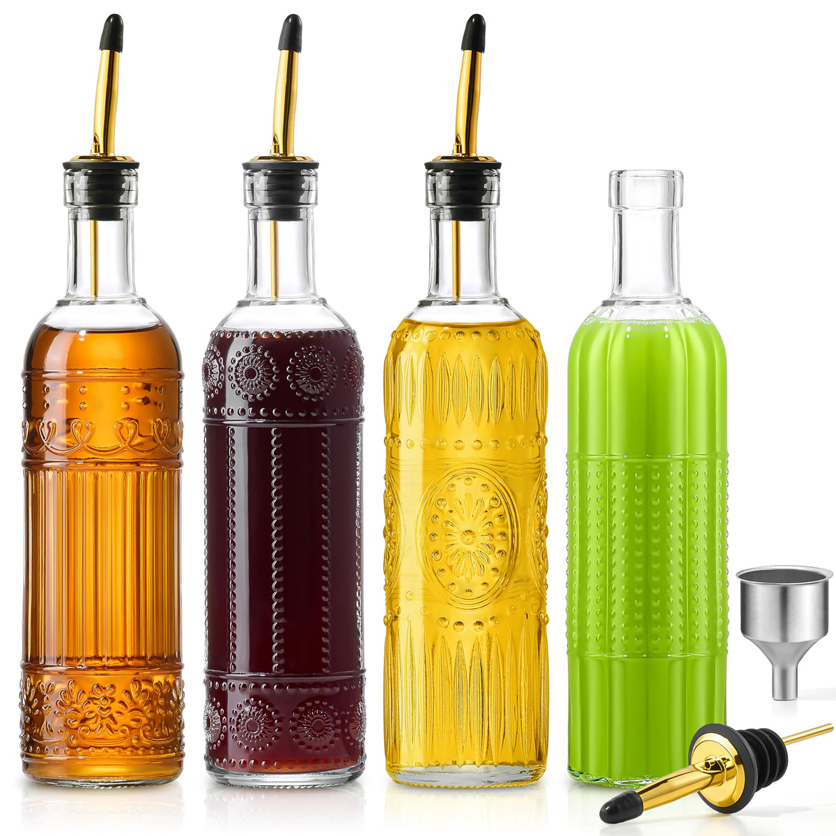 4 Pcs Olive Oil Dispenser Bottle for Kitchen, 17oz Clear Glass Oil and Vinegar Dispenser Bottle Set with 4 Stainless Steel Spouts and 1 Funnel (Square)
