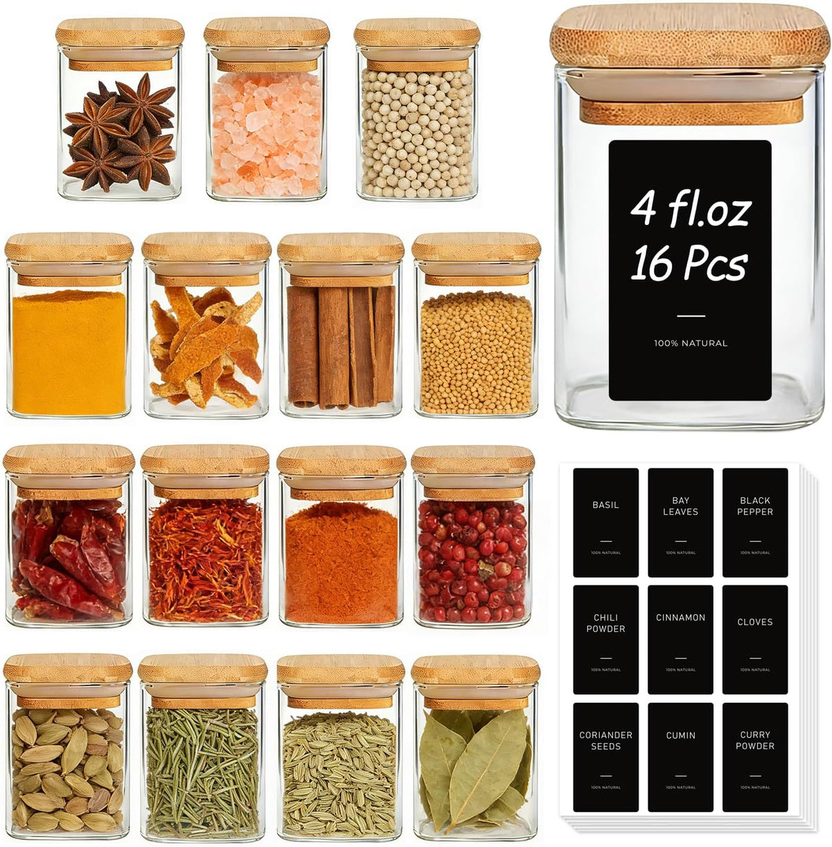 ComSaf Spice Jars 4oz 16 Pack, Seasoning Containers with labels 54 Labels