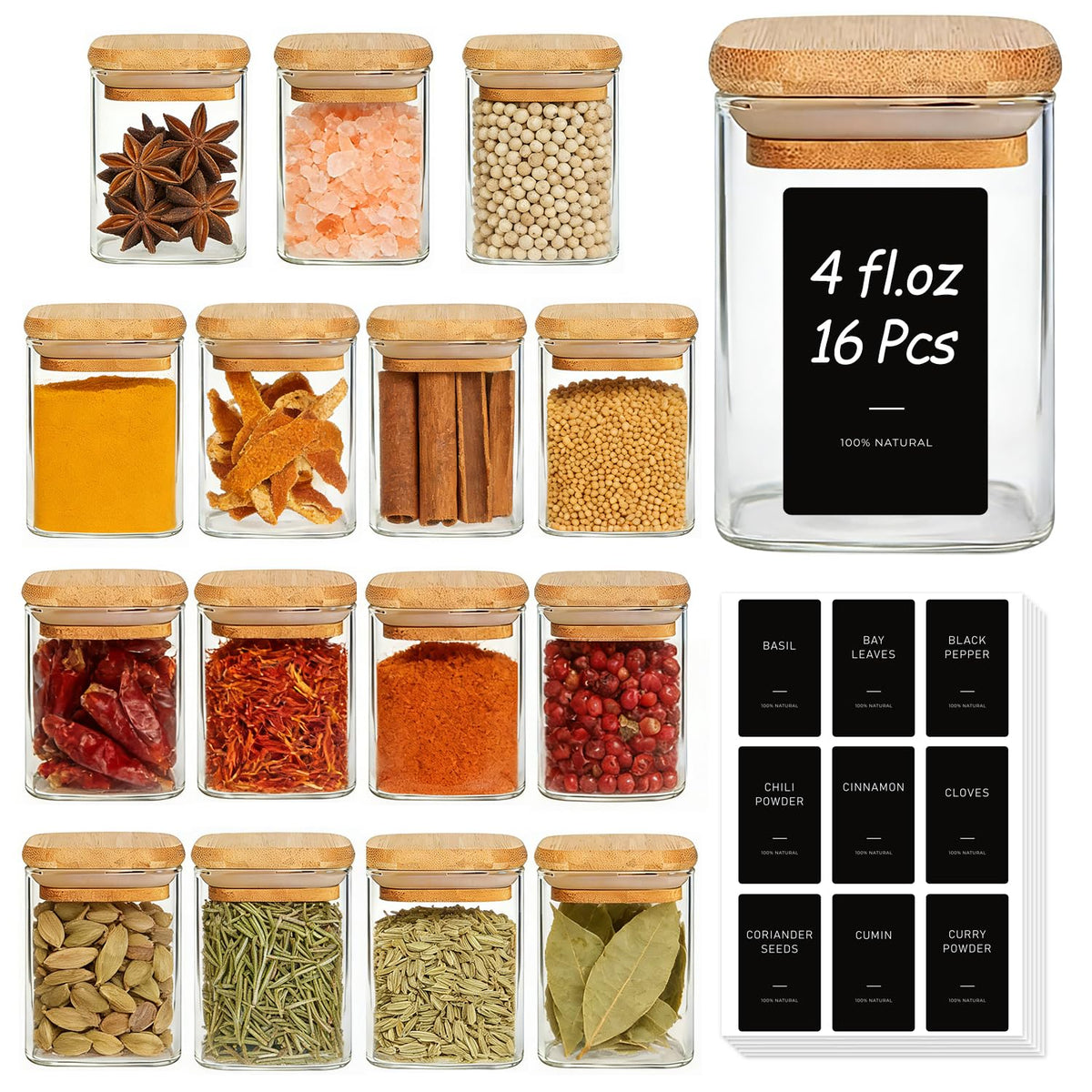 ComSaf Spice Jars 4oz 16 Pack, Seasoning Containers with labels 54 Labels