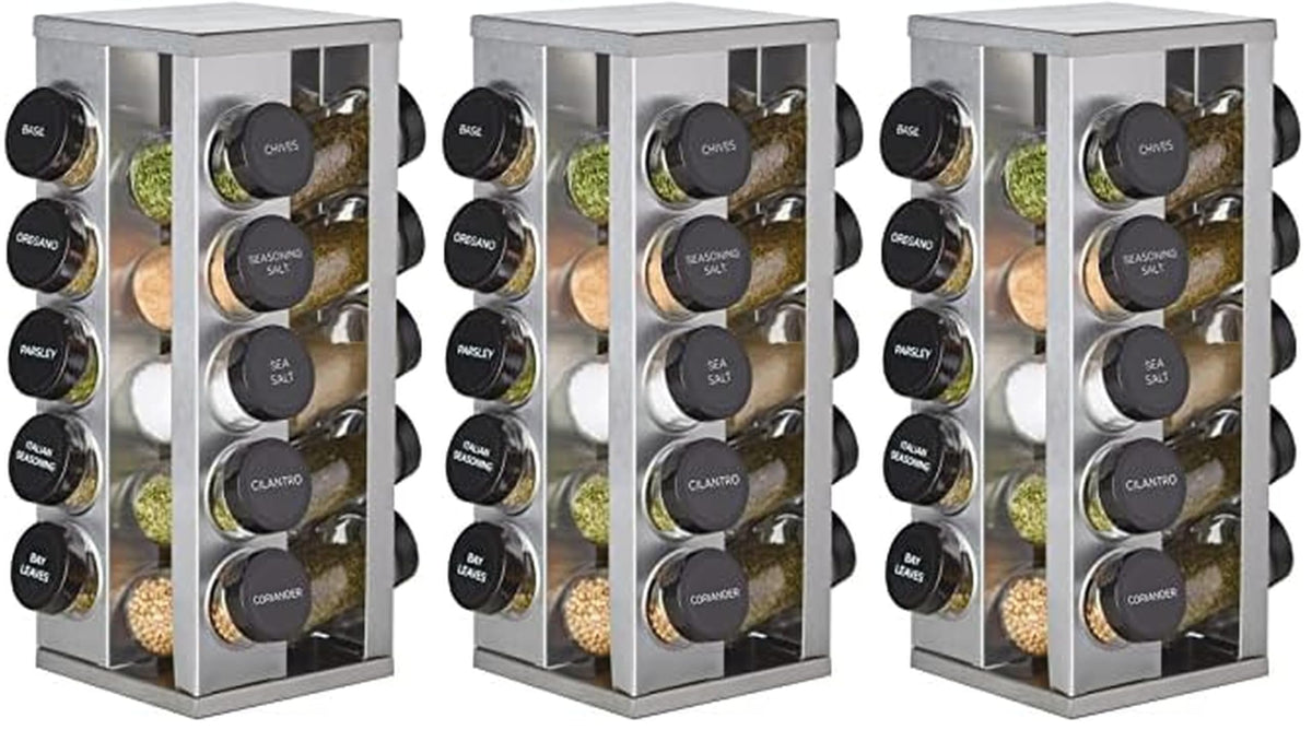 Kamenstein 20 Jar Revolving Countertop Spice Rack with Spices Included, FREE Spice Refills for 5 Years, Polished Stainless Steel with Black Caps, 30020