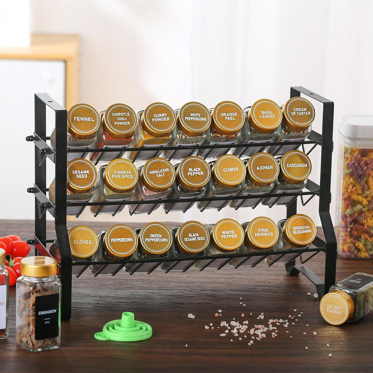 24 Gold Spice Jars with Labels, 4oz Seasoning Jars for Cabinets, Drawers