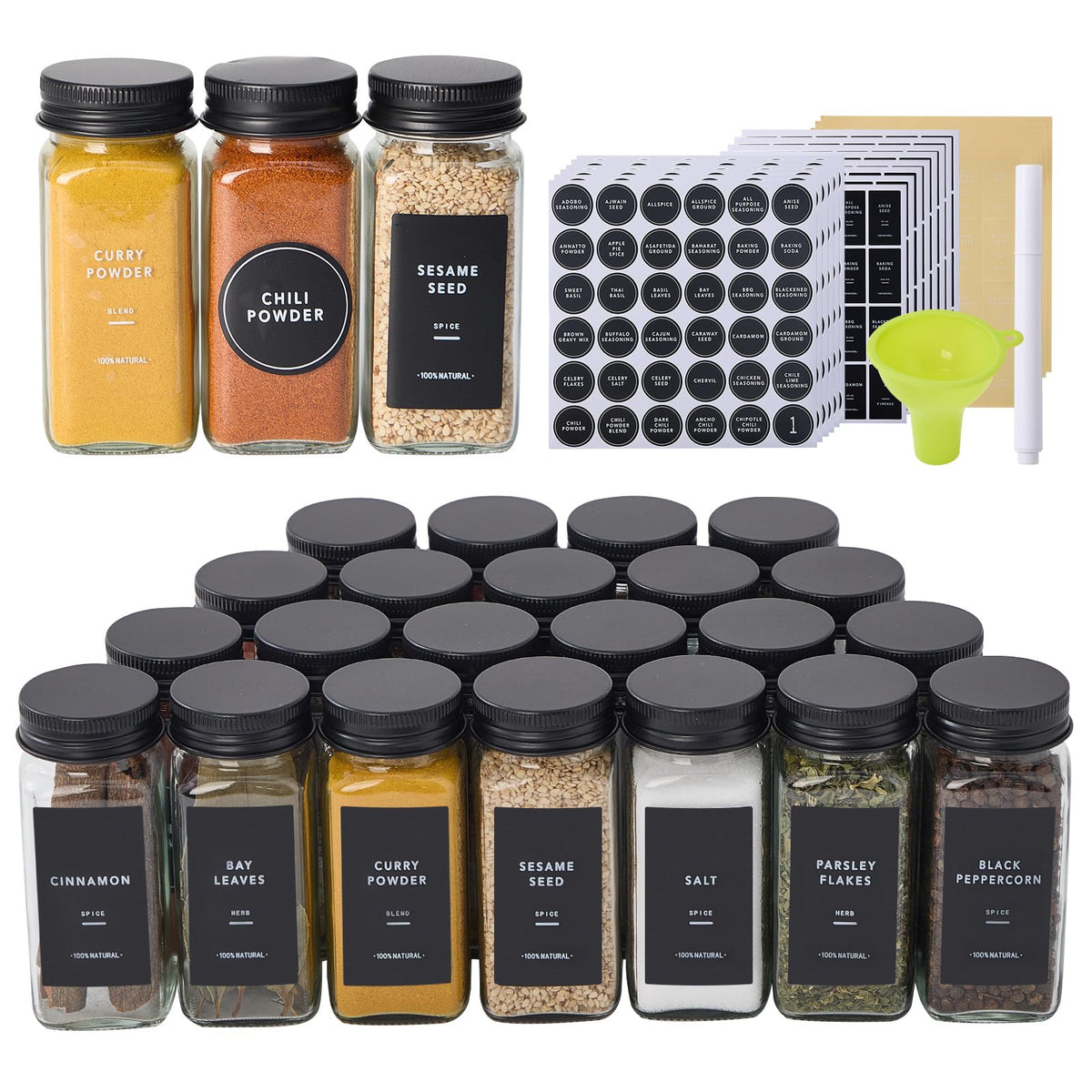24 Glass Spice Jars with 576 Labels-Spice Jars with Black Metal Caps