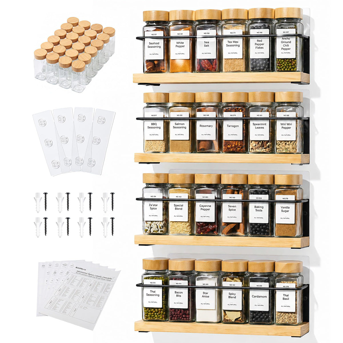 4-Tier Wall Mount Spice Rack Organizer with 24 Glass Jars, 216 Labels & Funnel - Screw/Adhesive Mount, Black Metal & Wood Spice Storage for Kitchen Pantry Cabinet, 11.6”L x 2.4”W x 3.2”H