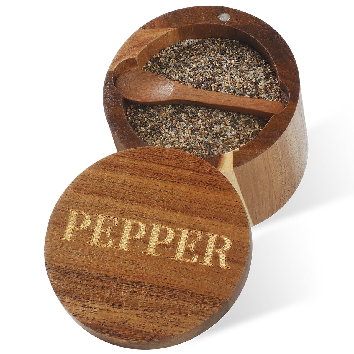 Timtopno Salt Cellar, Acacia Wood Salt Container with Built-in Spoon & Swivel Lid, Engraved SALT Box, Salt Holder Bowl for Countertop Seasoning Storage