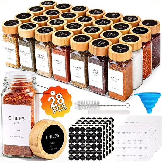 28PCS Spice Jars with Label, 4oz Glass Seasoning Containers with Bamboo Lid