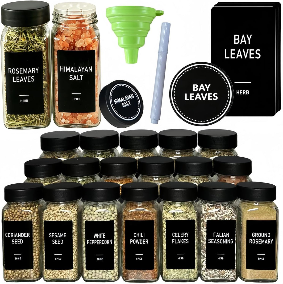 24 Spice Jars with Label, Glass Spice Bottles With Shaker Lids
