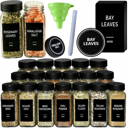 24 Spice Jars with Label, Glass Spice Bottles With Shaker Lids