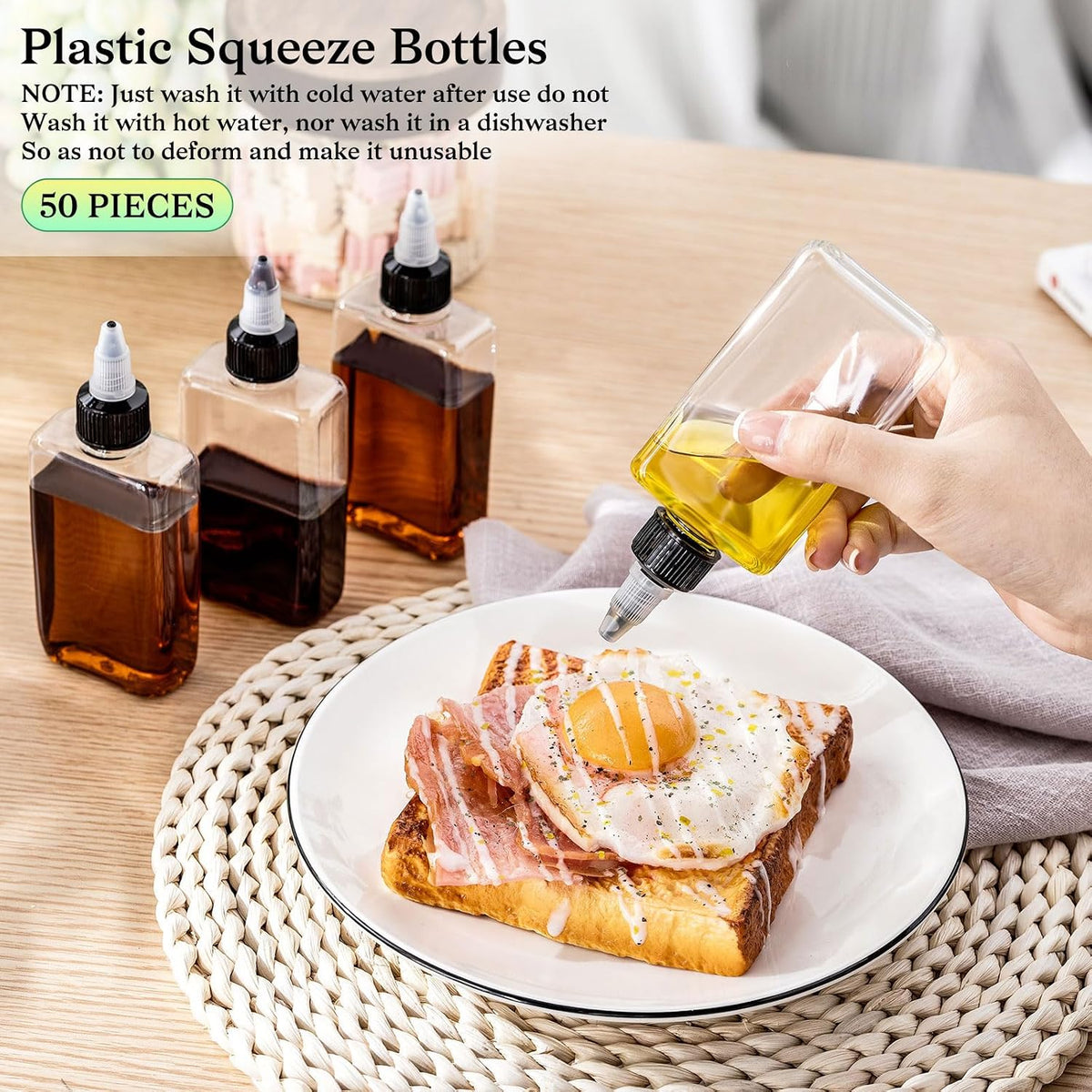 Yaomiao 3.4 oz Small Squeeze Bottles with Twist Top Caps for Liquids, 100ml Condiment Squeeze Containers Plastic Clear Dispensing Bottles for Travel, Camping, Kitchen, Vinegar, Oils, Sauce(50 Pcs)