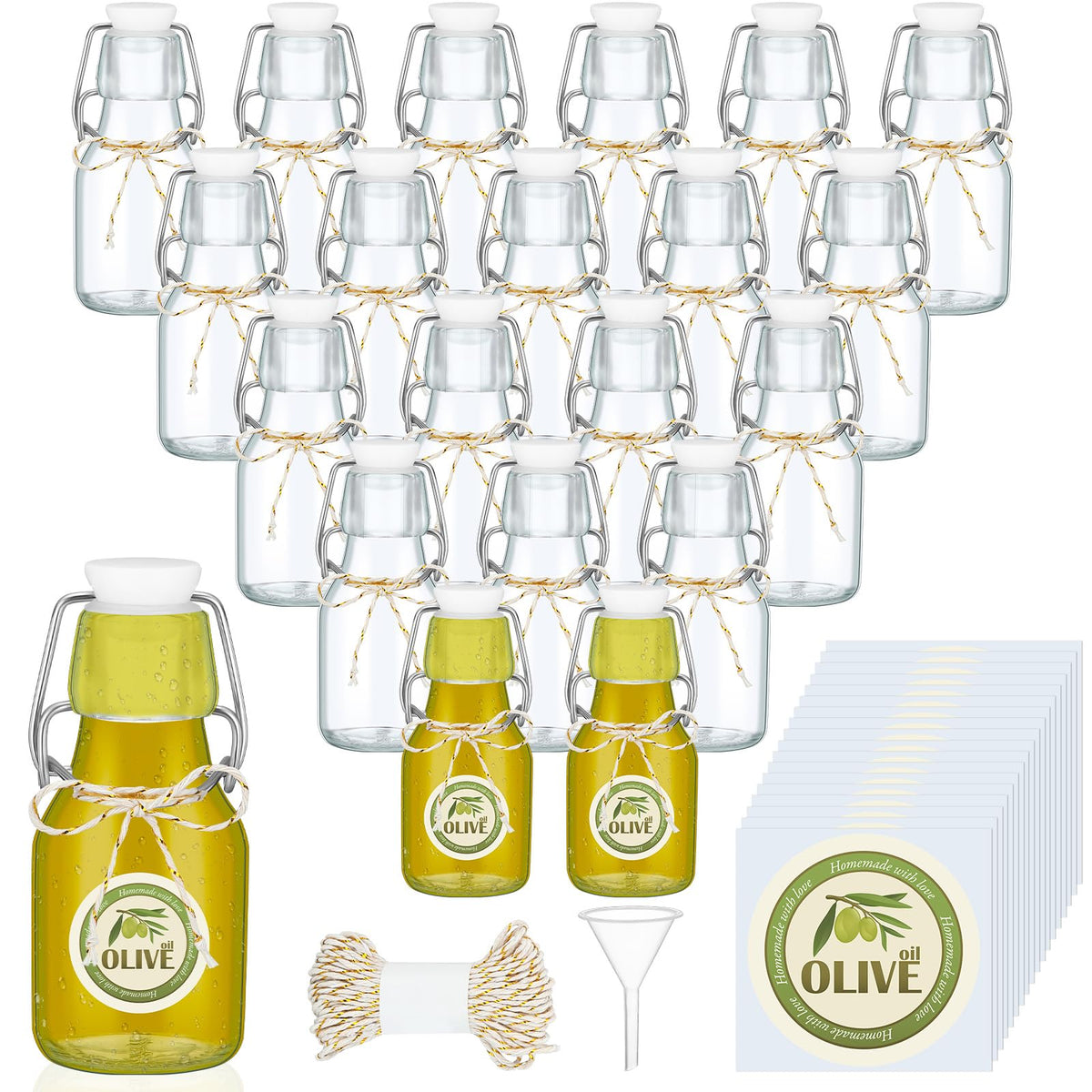 Queekay 20 Pack Mini Swing Top Glass Bottles with Labels