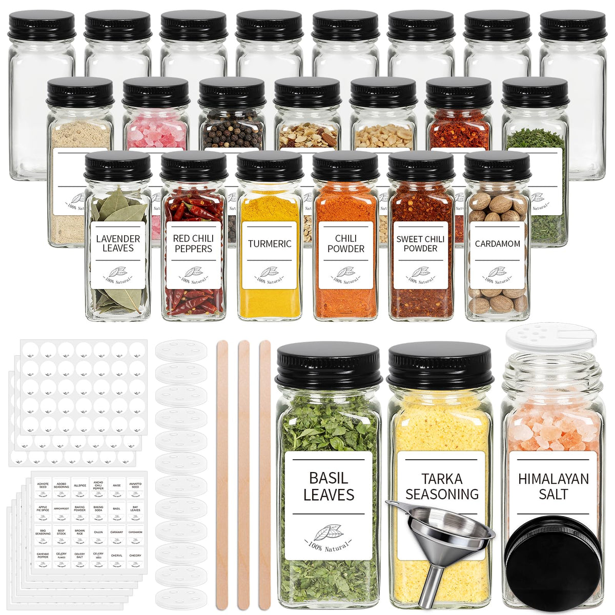 24 Pack Glass Spice Jars with Labels, 4oz Spice Containers with Bamboo Lids
