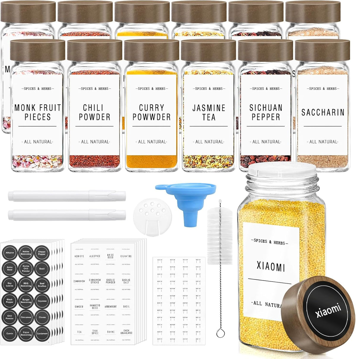 ZEHIQ 12Pcs 4oz Square Glass Spice Jars with Labels and Acacia Wood Lids