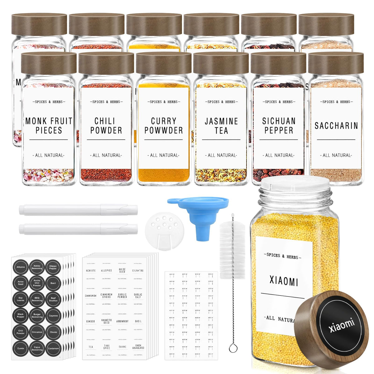 ZEHIQ 12Pcs 4oz Square Glass Spice Jars with Labels and Acacia Wood Lids