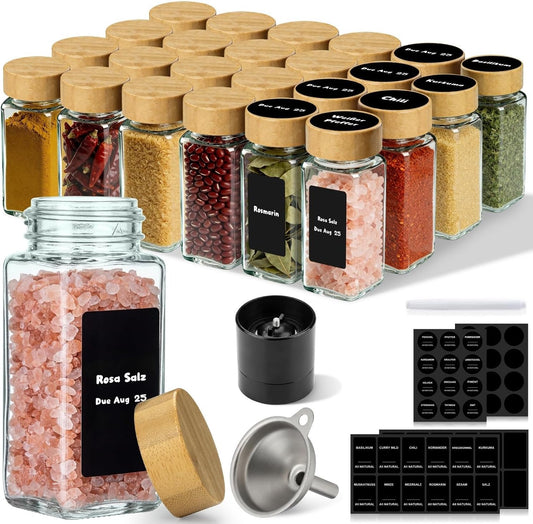 24 Pack Square Glass Spice Jars with Bamboo Lids, 4oz Spice Containers with Shaker Inserts and Labels, Airtight Seasoning Organizer for Spice Rack, Cabinet, Drawer - Grinder & Funnel Included