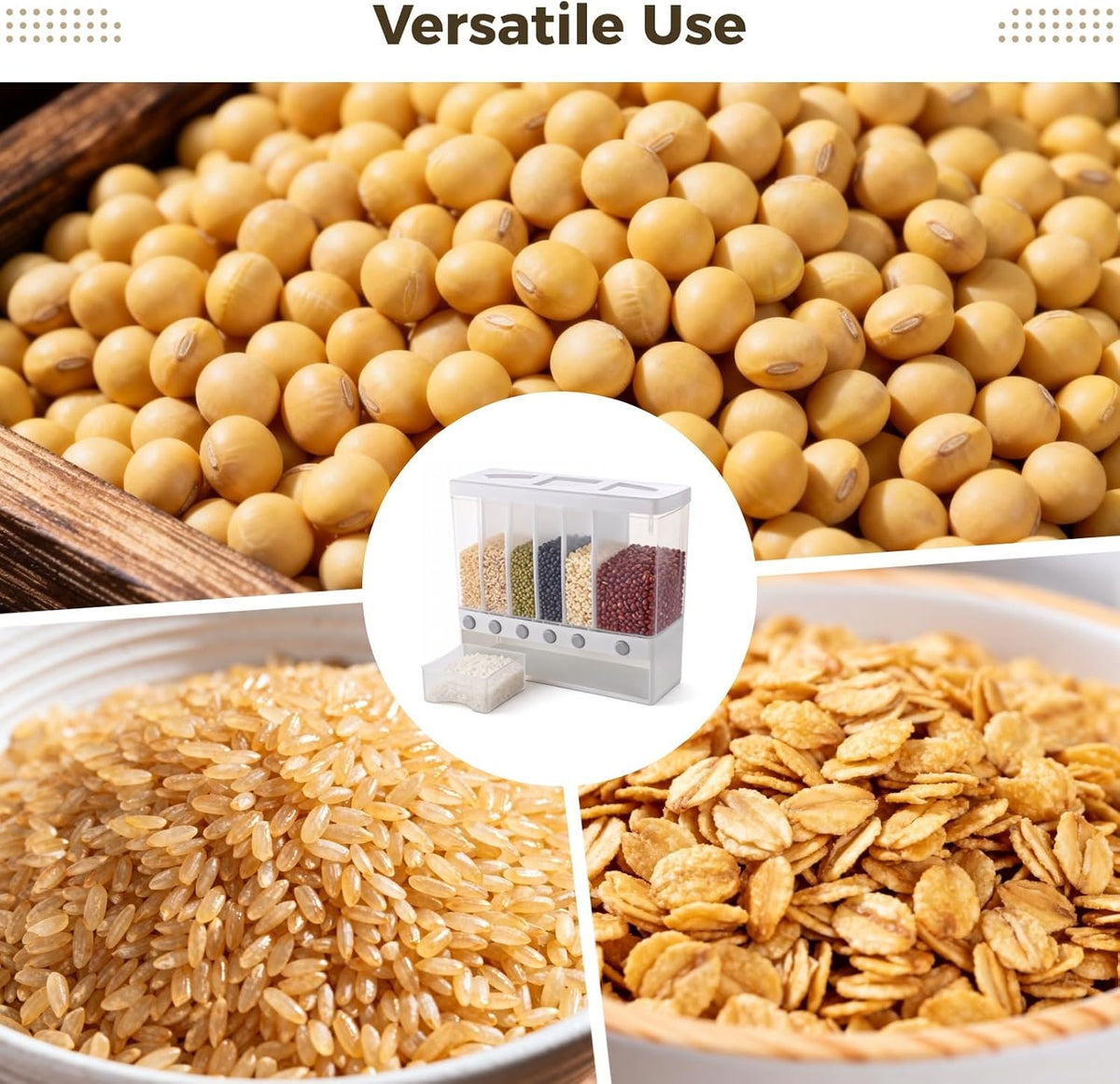 Wall Mounted 6-Grid Rice Dispenser, 22 lbs Large Capacity Dry Food Cereal Storage, Press Button Quantitative Output with Transparent Drawer for Kitchen Pantry Organization