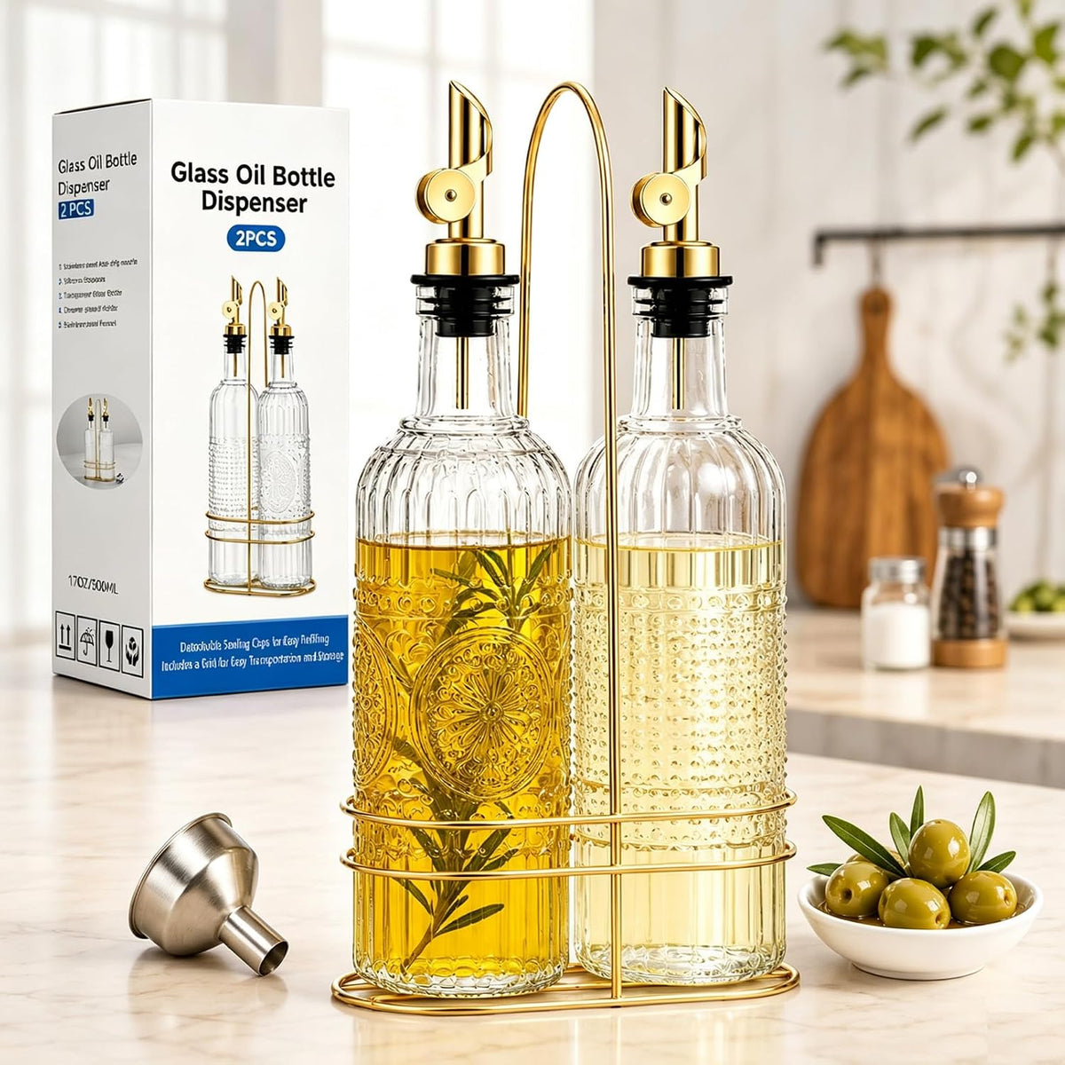 Olive Oil Dispenser Bottle, 2 Pack 17 oz Glass Oil and Vinegar Dispenser with 2 Gold Gravity Auto Flip Spouts, Metal Stand and Funnel, Decorative Polka Dot & Sunflower Design for Kitchen