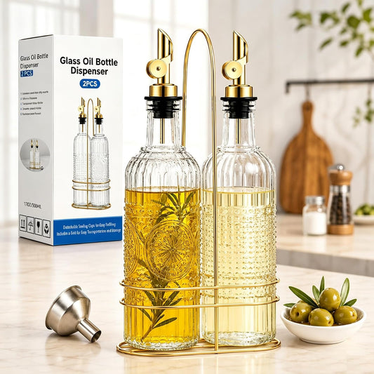 Olive Oil Dispenser Bottle, 2 Pack 17 oz Glass Oil and Vinegar Dispenser with 2 Gold Gravity Auto Flip Spouts, Metal Stand and Funnel, Decorative Polka Dot & Sunflower Design for Kitchen