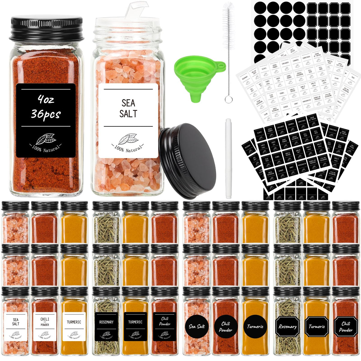CycleMore 48 Pack 4oz Glass Spice Jars with Metal Caps and Shaker Lid