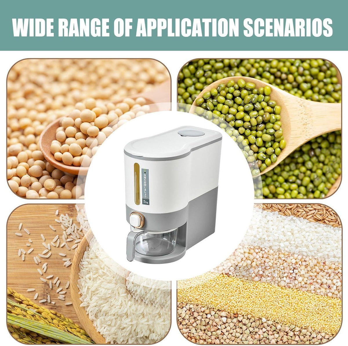 Rice Dispenser, 5kg/10kg Rice Cereal Storage Containers, Press Type Kitchen Rice Bucket, Cereal Rice Box with Measuring Cup, Reusable Household Cereal Dispenser Bucket for Kitchen Countertop Pantry