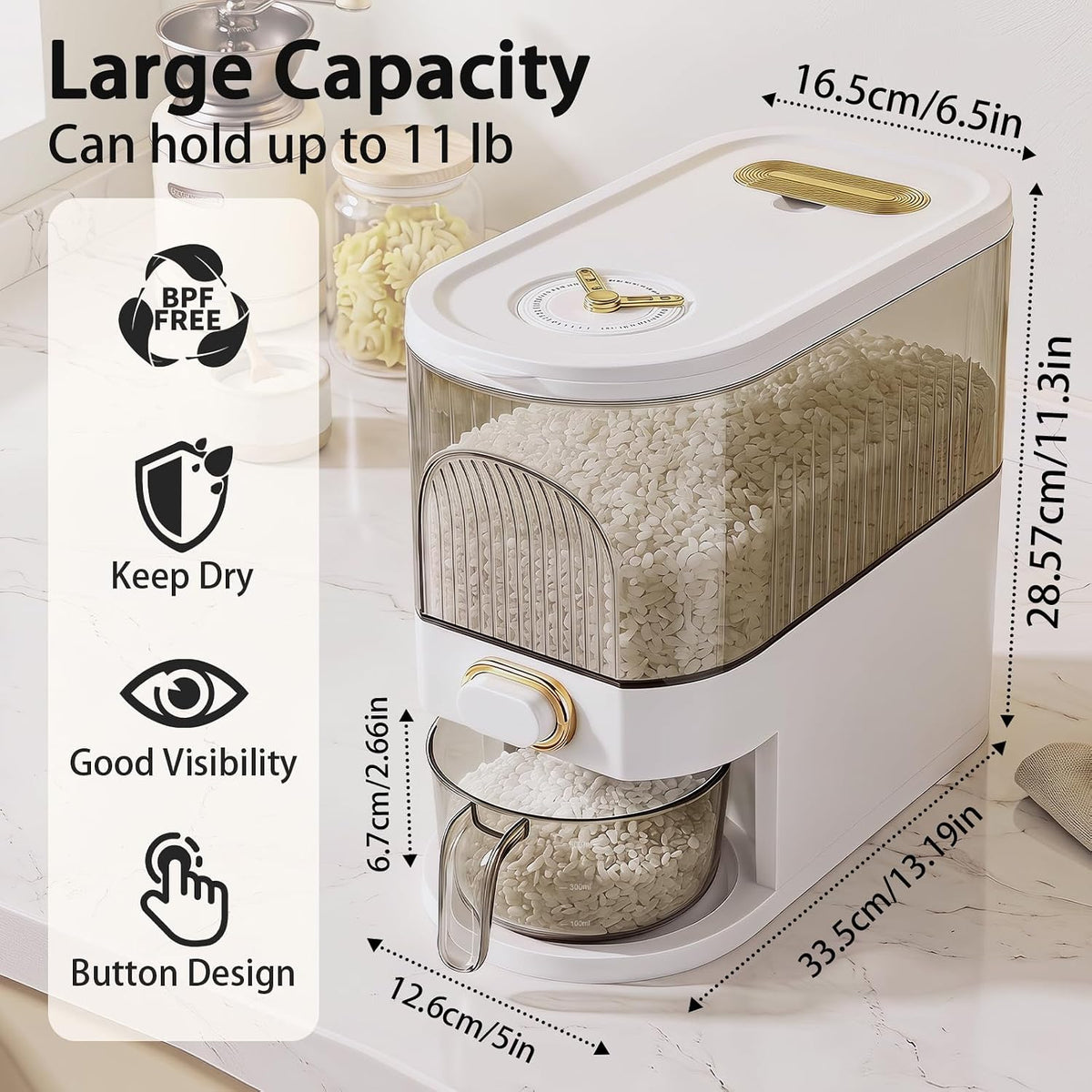 11lb Rice Dispenser – Airtight Rice Storage Container with Date Dial & Measuring Cup, Cereal Dry Food Storage Containers for Kitchen Pantry Household, BPA-Free