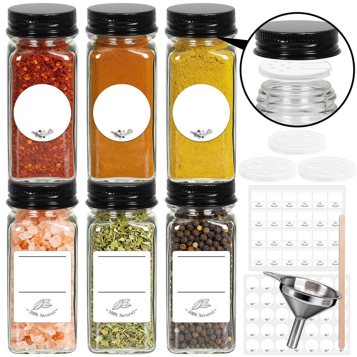 24 Pack Glass Spice Jars with Labels, 4oz Spice Containers with Bamboo Lids