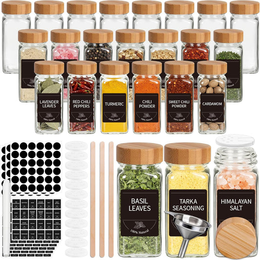 24 Pack Glass Spice Jars with Labels, 4oz Spice Containers with Bamboo Lids