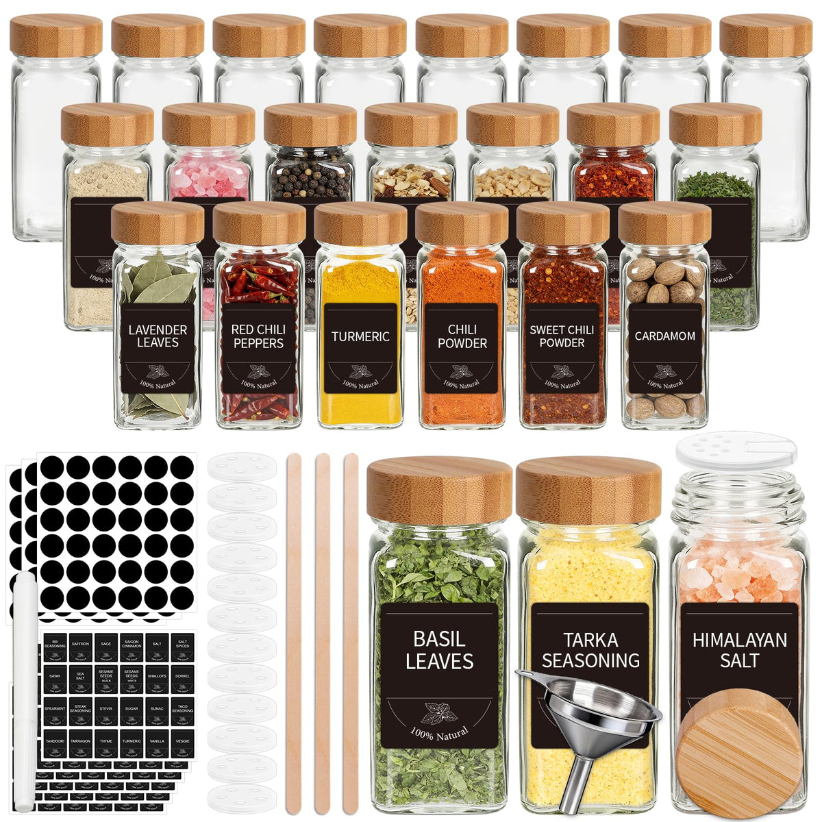 24 Pack Glass Spice Jars with Labels, 4oz Spice Containers with Bamboo Lids