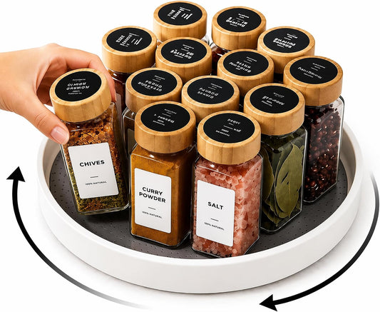 EHME EHME EHME 14 Pcs Glass Spice Jars Bamboo Lids with Lazy Susan Turntable Set, 10 Inch Non-Skid Lazy Susan Seasoning Containers Organization for Kitchen Cabinet Countertop, Spice Label Included.