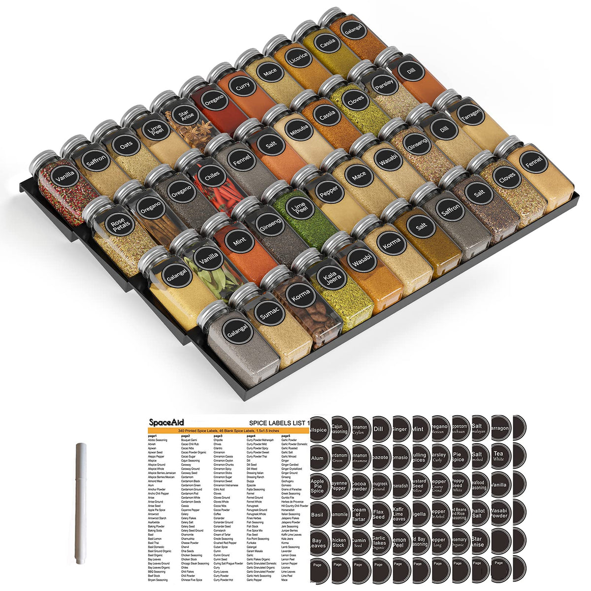 SpaceAid Spice Drawer Organizer with 28 Spice Jars, 386 Spice Labels, 4 Tier Seasoning Rack Tray Insert for Kitchen Drawers, 13" Wide x 17.5" Deep