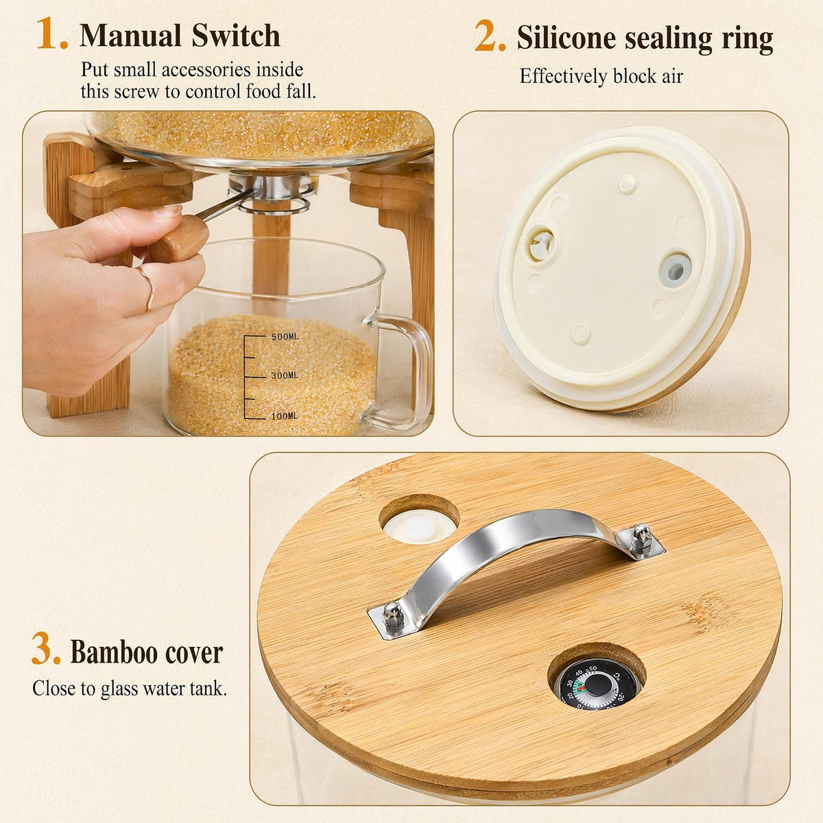 Goaste Glass Rice Dispenser with Bamboo Stand, 5L Flour Cereal Container with Airtight Lid, 8 Lbs Large Grain Food Storage Bucket, Countertop Beans Storage Tank with Measuring Cup & Valve for Dry Food