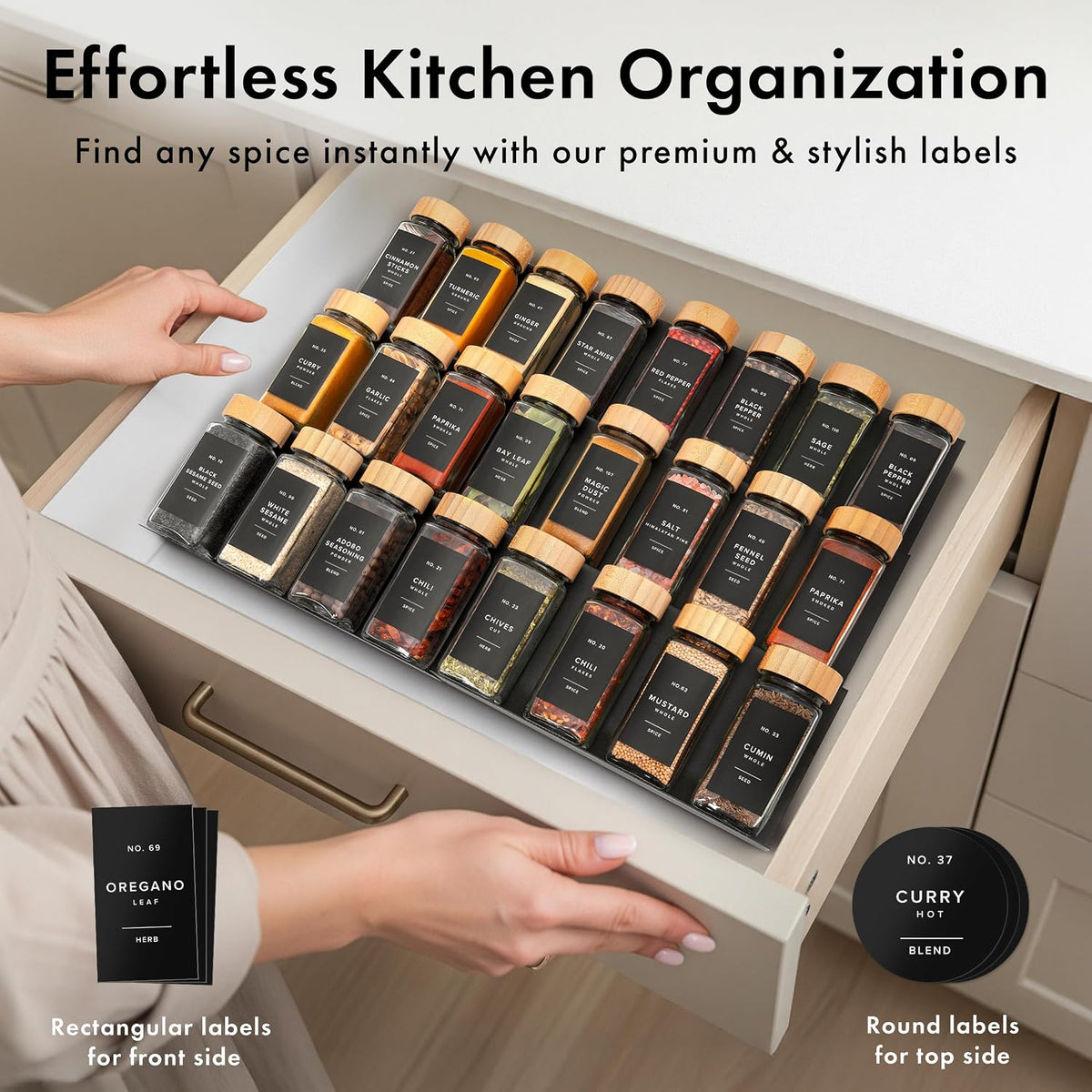 EDELHAUS Glass Spice Jars with Label, 24x Bamboo Wooden Lids - Black Labels