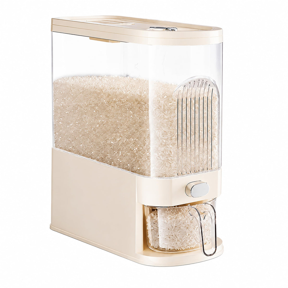 Slim Rice Dispenser with Manual Date Tracker, 11 Lbs Large Grain Storage Container for Kitchen Gap, 4.72" Wide Narrow Rice Bin with Measuring Cup, Beige