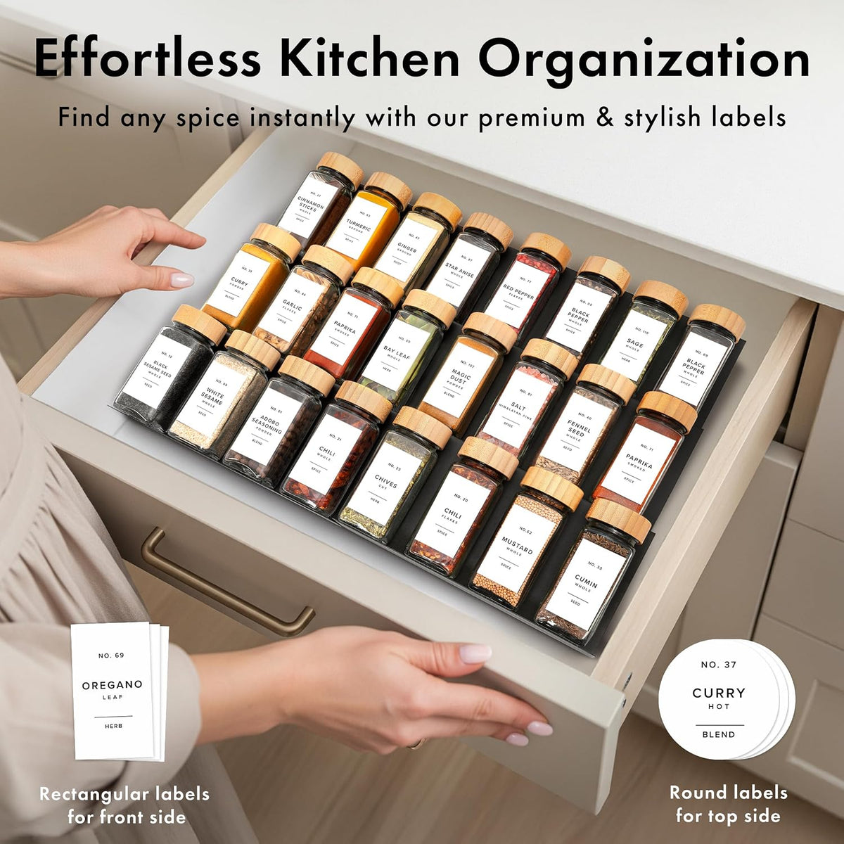 EDELHAUS Glass Spice Jars with Label, 24x Bamboo Wooden Lids - White Labels