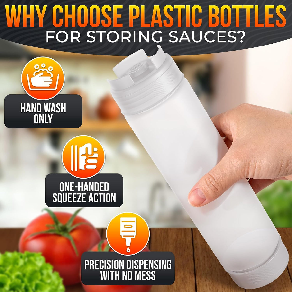 6-Pack Inverted Condiment Squeeze Bottles for Sauces 16 oz, Squirt Bottles