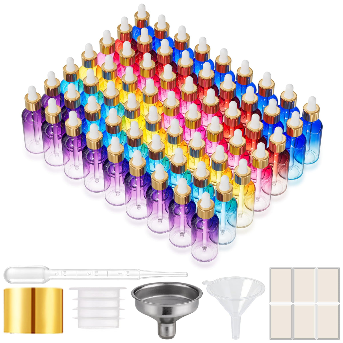 PrettyCare Glass Eye Dropper Bottles 24 Pack, 1oz (30ml) Clear Empty Thick Bottles Bulk with Leakproof Golden Caps - With Labels & Funnels for Storage, Travel, Essential Oils, Cuticle Oils, Tinctures