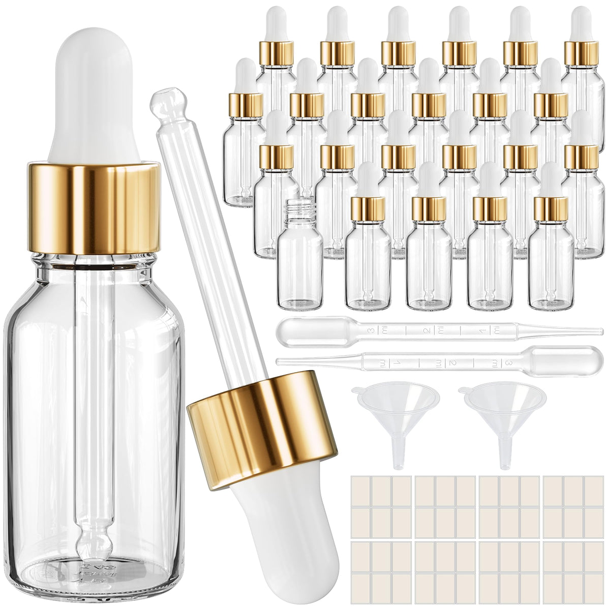 PrettyCare Glass Eye Dropper Bottles 24 Pack, 1oz (30ml) Clear Empty Thick Bottles Bulk with Leakproof Golden Caps - With Labels & Funnels for Storage, Travel, Essential Oils, Cuticle Oils, Tinctures