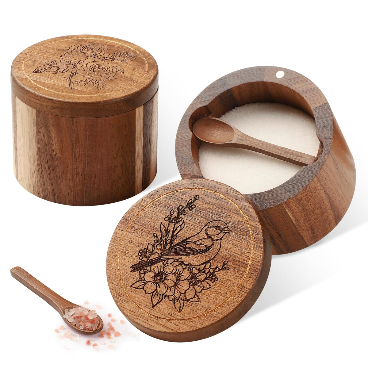 Timtopno Salt Cellar, Acacia Wood Salt Container with Built-in Spoon & Swivel Lid, Engraved SALT Box, Salt Holder Bowl for Countertop Seasoning Storage