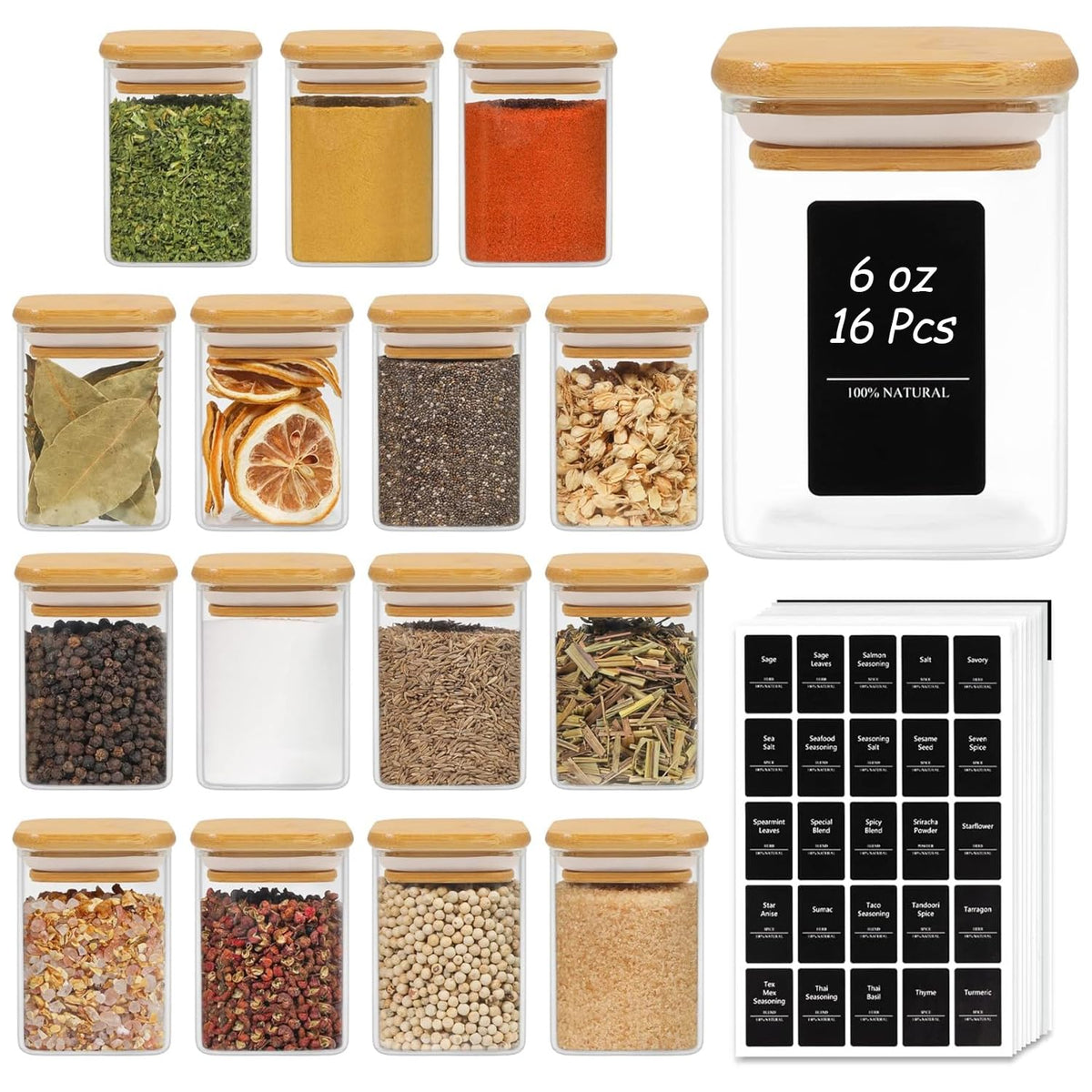 ComSaf Square Glass Spice Jars with Labels 4 oz 16 Pack with Bamboo Lids