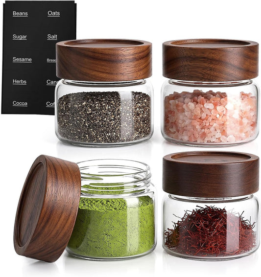 4 Pack 4 oz Glass Jars with Lids, Small Mason Jars with Airtight Acacia Wood Lid, Glass Spice Jars for Kitchen Pantry Organization, 4oz Small Jars for Spices, Nuts, Herbs & Seasoning