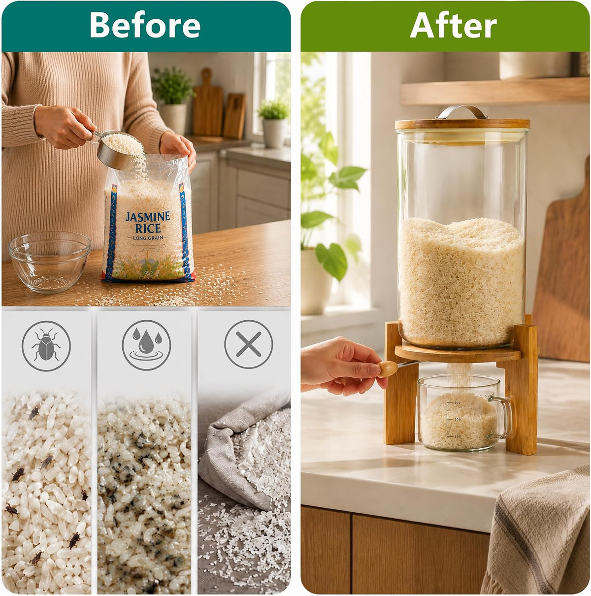 Glass Rice Dispenser, Airtight Rice Storage Container with Measuring Cup