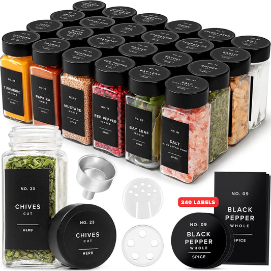 EDELHAUS Glass Spice Jars with Label, 24x Black Bamboo Wooden Lids