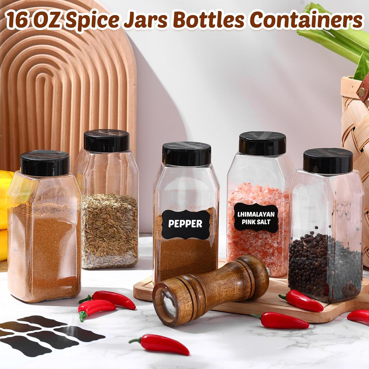 Mifoci 28 Pack 16 oz Black Plastic Spice Jars with Cap