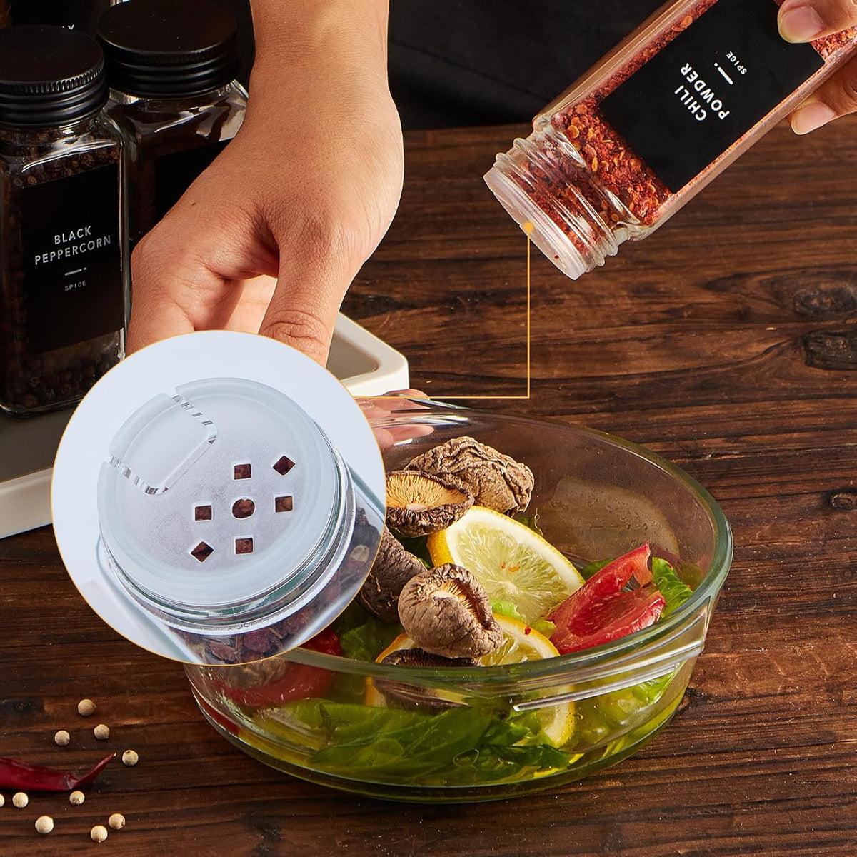 25 Glass Spice jars with label, 4oz Seasoning jars with Black Metal Lids
