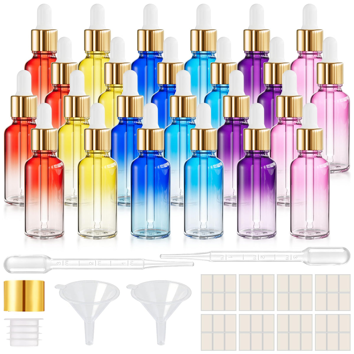PrettyCare Glass Eye Dropper Bottles 24 Pack, 1oz (30ml) Clear Empty Thick Bottles Bulk with Leakproof Golden Caps - With Labels & Funnels for Storage, Travel, Essential Oils, Cuticle Oils, Tinctures
