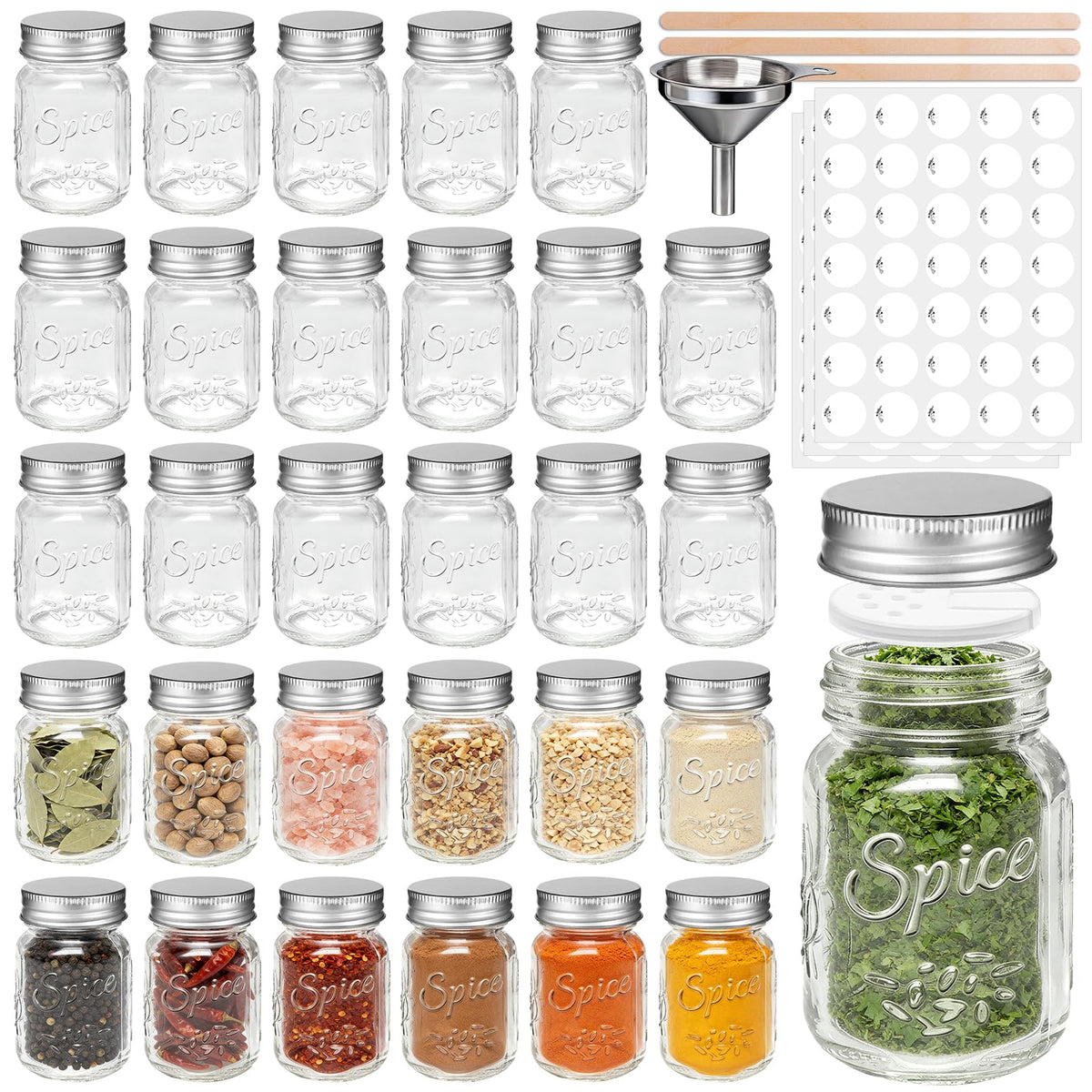24 Pack Glass Spice Jars with Labels, 4oz Spice Containers with Bamboo Lids