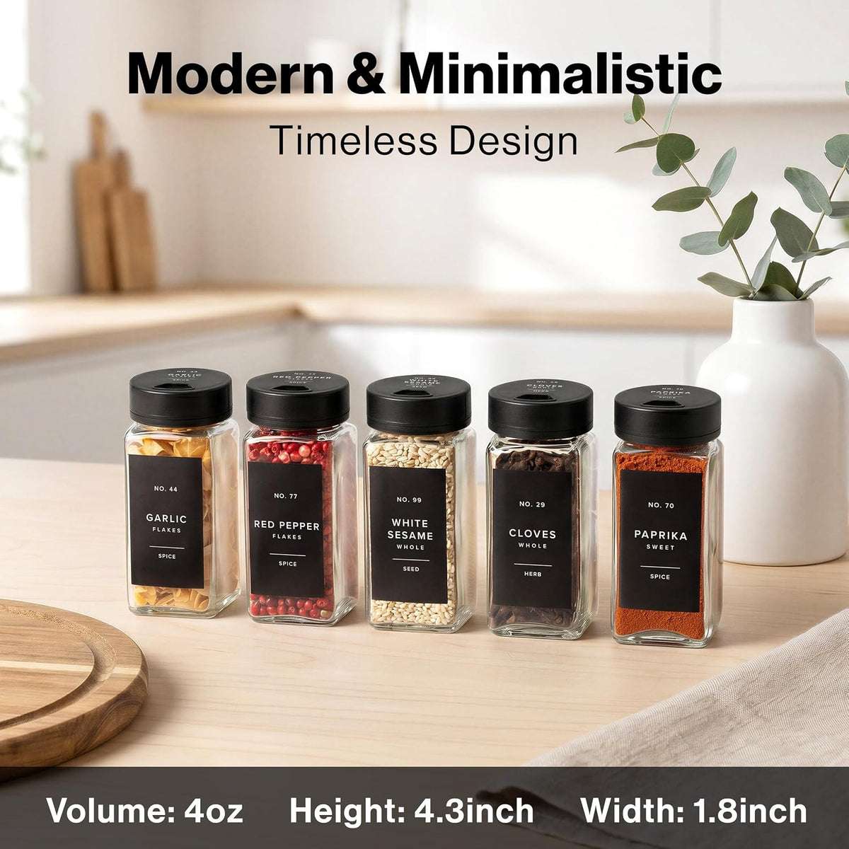 EDELHAUS Glass Spice Jars with Label and Black Sprinkle Lids (24 x 4oz)