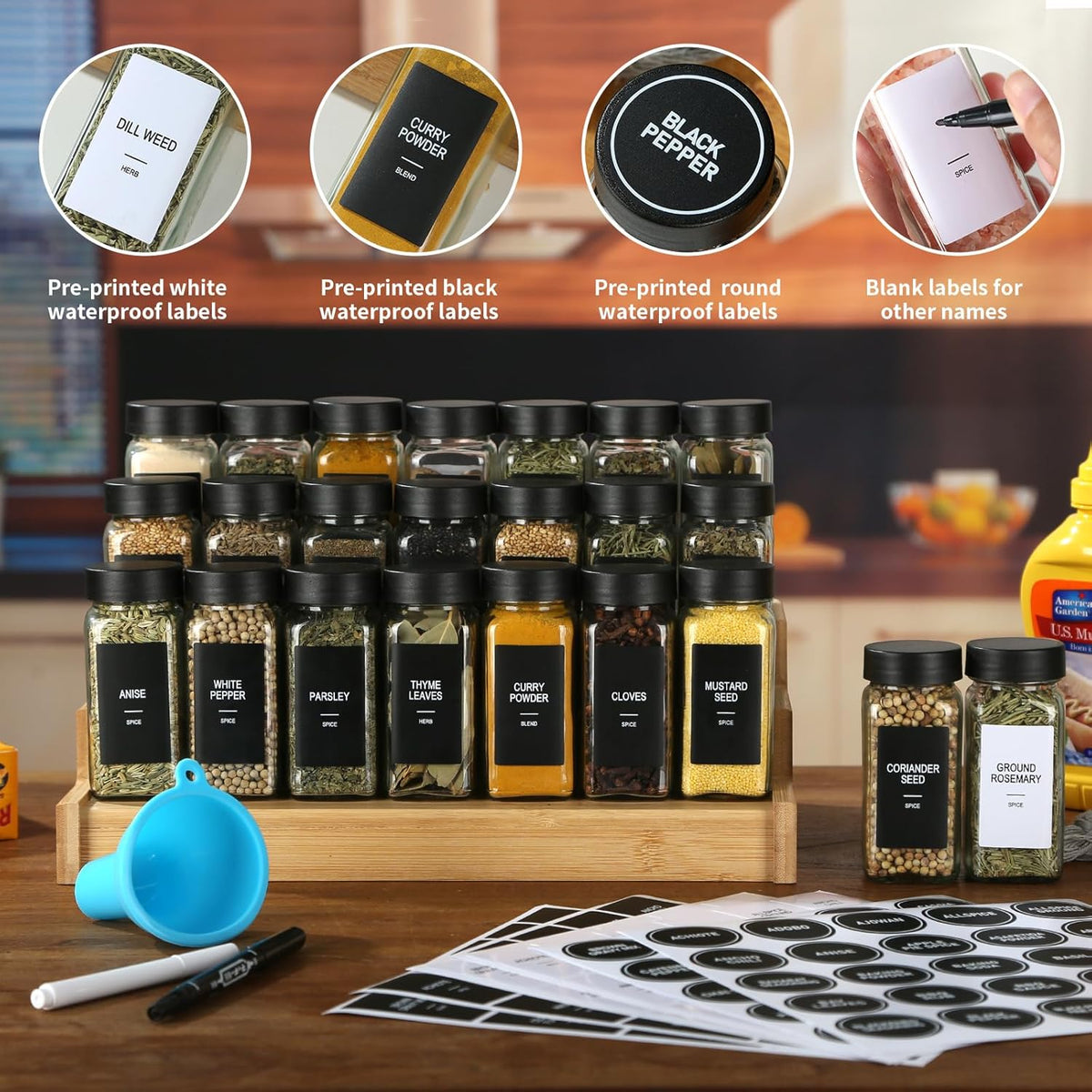 24 Glass Spice Jars with Labels, 4oz Spice Containers with Airtight Lids