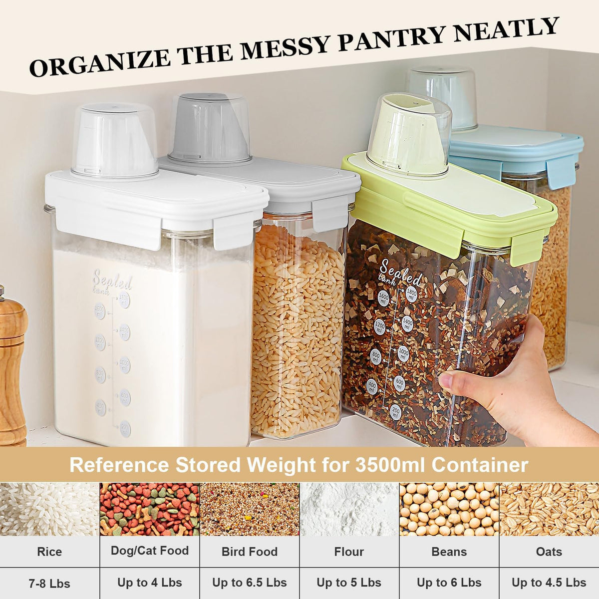 Hongya Rice Container, Airtight Rice Storage Container, Portable Pet Food Storage Containers with Measuring Cup, 4 to 8lbs Cereal Containers Storage for Kitchen Pantry Household, BPA-Free, White